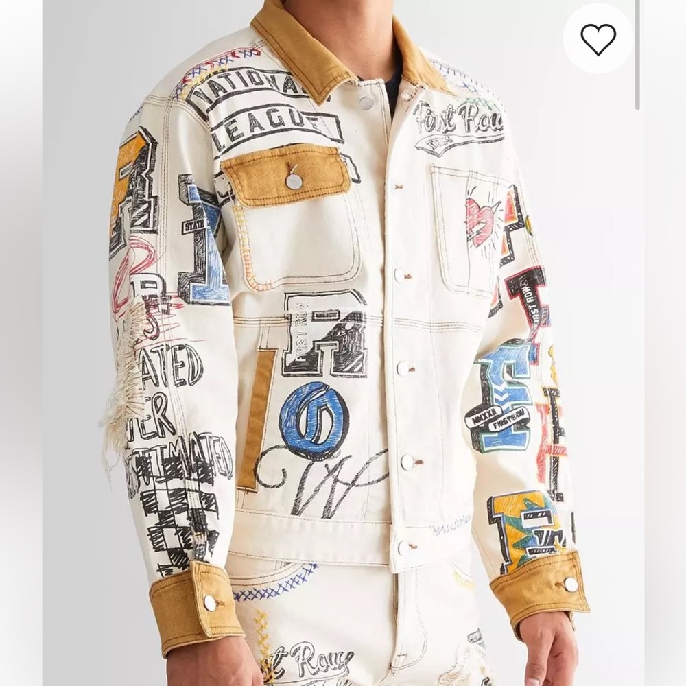 First Row Graphic Beige Denim Jacket with Colorful Patches